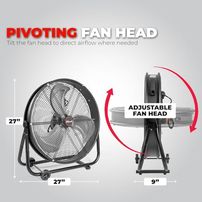 XtremepowerUS 24" Industrial Shop Fan High-Velocity Flow Drum Fan Floor Fan Rolling Drum Garage Tilt 3 Adjustable Speed Commercial, Gym, Garage Use, Black - size: 24" Rolling Floor