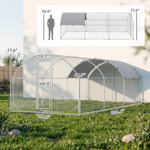 PawHut 9.2' x 18.7' x 6.5' Large Chicken Coop Metal Chicken Run with 210D Waterproof and Anti-UV Cover, Dome Shaped Walk in Fence Cage Hen House for Outdoor and Yard Farm Use, 1" Tube Diameter - size: 110.2"L x 224.4"W x 77.6"H