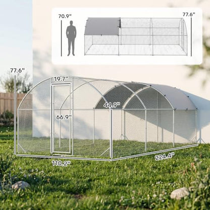 PawHut 9.2' x 18.7' x 6.5' Large Chicken Coop Metal Chicken Run with 210D Waterproof and Anti-UV Cover, Dome Shaped Walk in Fence Cage Hen House for Outdoor and Yard Farm Use, 1" Tube Diameter - size: 110.2"L x 224.4"W x 77.6"H