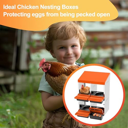 Chicken Nesting Boxes, Metal Roll Away Nest Box for Chickens Laying Egg with Lid Cover to Protect Eggs (4 Holes Orange) - size: 4 Holes