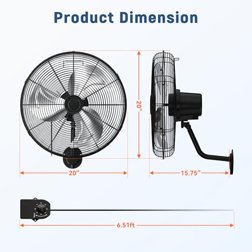 20 Inch Industrial Wall Mount Fan, Heavy Duty High Velocity Oscillating Wall Fan with 3 Speeds, 360° Adjustable Tilt Wall Mounted Fan for Garage, Workshop, Warehouse, Patio, Commercial and Home