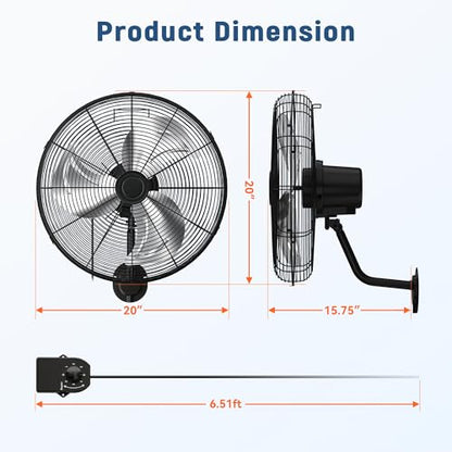 Manastin 20 Inch Industrial Wall Mount Fan, Heavy Duty Oscillating Wall Fan with 3 Speeds, 360° Adjustable Tilt Wall Mounted Fan for Garage, Workshop, Warehouse, Patio, Commercial and Home - size: 20 INCH