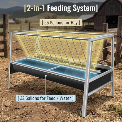 77 Gallon Rustproof Hay Feeder, Stainless Steel Livestock Feeder with Rubber Trough, Anti-Waste Farm Feeding Station for Goats, Sheep, Calves and Horses Ranch Supplies