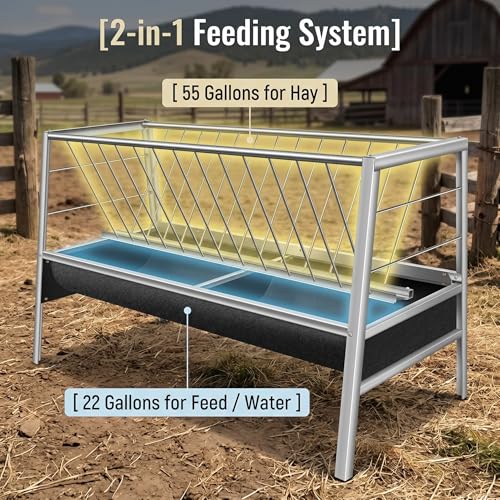 Anti-Waste 77 Gallon Hay Feeder, Premium Stainless Steel Feeder with Rubber Base Trough, Heavy Duty Farm Equipment for Goats, Sheep, Calves and Horses Daily Feeding