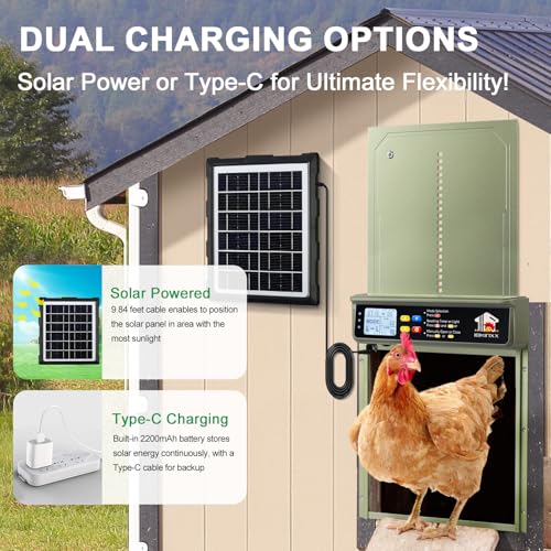 Automatic Chicken Coop Door Solar Powered with Timer, Light Sensor, Remote Control, LCD Display, Green