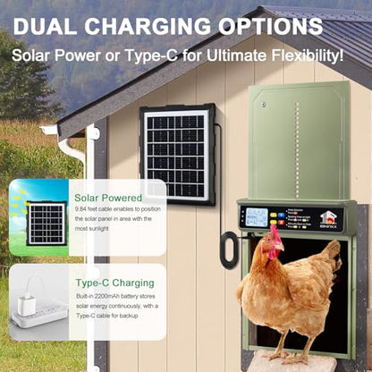 Automatic Chicken Coop Door Solar Powered with Timer, Light Sensor, Remote Control, LCD Display, Green
