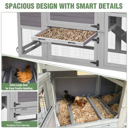 Large Mobile Chicken Coop with Run, 79" Outdoor Wooden Poultry Cage on Wheels, All-Steel Frame Hen House, Waterproof Roof, Nesting Box, for 4-6 Chickens - color: Grey (AIR7008)