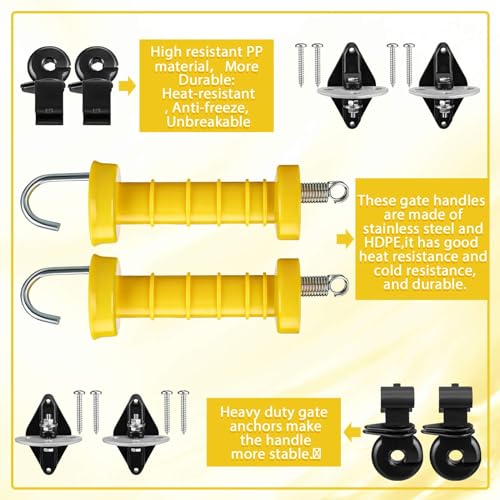 Tondiamo 4 Sets Electric Fence Gate Handle Set with Anchors and Insulators Including 4 Pcs Plastic Electric Fence Gate Handle with Spring, 8 Pieces Anchor Set, 8 Pieces Black Insulators