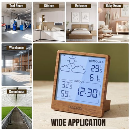 Raddy WF-50T Indoor Outdoor Thermometer Hygrometer Wireless Weather Station, Battery Powered Temperature & Humidity Monitor with 5.0’’ Display, Weather Forecast, Wireless Remote Sensor, Dark Wood