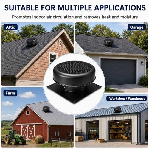 12" Flush Mount Round Solar Roof Vent Fan,30W Dual Power Black Attic Exhaust Fan,3-Speed Remote & 25°C Auto Ventilation,1200 CFM,MPPT Controller Solar Ventilator Solar Vent for Attic Garage - color: Black+Round 1