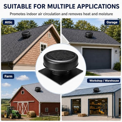 12" Flush Mount Round Solar Roof Vent Fan,30W Dual Power Black Attic Exhaust Fan,3-Speed Remote & 25°C Auto Ventilation,1200 CFM,MPPT Controller Solar Ventilator Solar Vent for Attic Garage - color: Black+Round 1