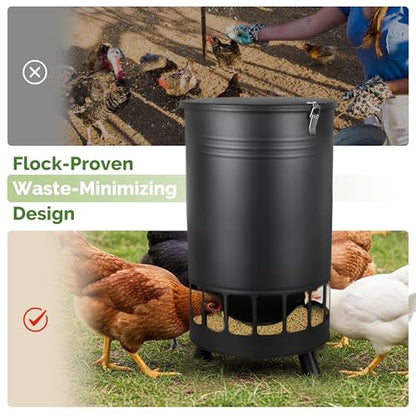 Solution4Patio 65 LB Large Chicken Feeder No-Waste, Portable Gravity Chicken Feeder Automatic, Dispenser, 16 Feeding Ports Poultry Feeder, Hen Coop (Black)
