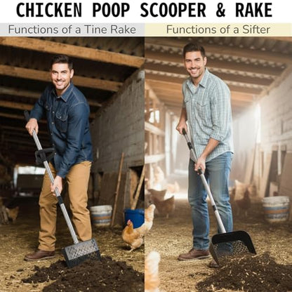 Chicken Poop Scooper & Rake 2-in-1, Adjustable Steel Handle Chicken Poop Shovel (24"-63.7"). Chicken Coop Scoop for Chicken Coop and Pet Poop Cleaning with Ergonomic Grip-Long Slot