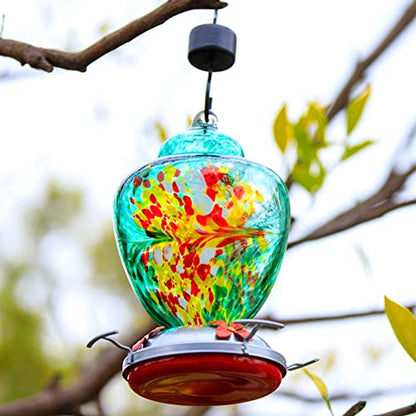 REZIPO Hummingbird Feeder with Perch - Hand Blown Glass - 38 Fluid Ounces Hummingbird Nectar Capacity Include Hanging Wires and Moat Hook (Green) - color: Green