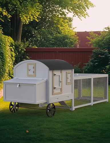 Hipicute Wooden Poultry Cage for 3-5 Chickens, 106in Chicken Coop with Run, Outdoor Hen Coop with Waterproof Roof, Nesting Box, Pull Out Trays and Ramp, White - color: White