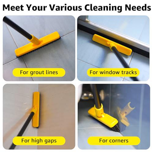 Grout Brush with Long Adjustable Handle - Telescopic, Rotation Tile Grout Cleaning Tool, V-Shape Shower Scrubber Cleaner Stiff Bristle for Cleaning Bathrooms Tile Floors, Baseboards and Corners - 59in
