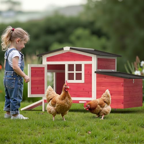 GOJOOASIS Chicken Coop for 2 Chickens Outdoor Rabbit Hutch Chicken House Cage with Ramp & Nesting Box for Small Animals (Red) - color: Red
