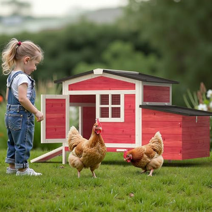 GOJOOASIS Chicken Coop for 2 Chickens Outdoor Rabbit Hutch Chicken House Cage with Ramp & Nesting Box for Small Animals (Red) - color: Red