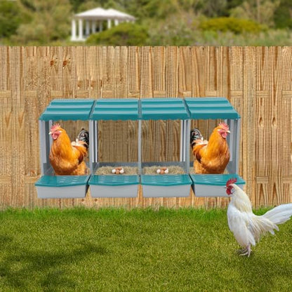 Chicken Nesting Box, 4 Compartments PP Nesting Box, Wall Mountable Nesting Boxes with Inclined Top, Drain Holes & Resting Platform for Chicken and Poultry to Collect Eggs