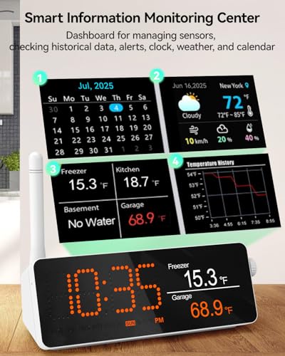 MOCREO WiFi Remote Refrigerator Thermometer, 1/3 Mile Long Range Freezer Alarm, IP66 Waterproof, App Email Alert, with Digital Monitor Hub, 1 Smart Wireless Temperature Sensor for Kitchen, Fridge, RV - style: 1 Long Range LCD Hub + 1 Waterproof Sensor