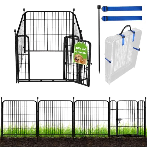ADAVIN Tall Garden Fence with Gate, 48 in(H) 4 Panels Heavy Duty Iron Metal Fencing Border, Indoor or Outdoor Dog Playpen, Animal Barrier Fence, No Dig Fencing for Yard, Total 8.9 FT(L), Black - size: 4panels-48in(H)×8.9ft(L)
