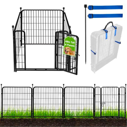 ADAVIN Tall Garden Fence with Gate, 48 in(H) 4 Panels Heavy Duty Iron Metal Fencing Border, Indoor or Outdoor Dog Playpen, Animal Barrier Fence, No Dig Fencing for Yard, Total 8.9 FT(L), Black - size: 4panels-48in(H)×8.9ft(L)