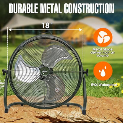 iLiving 18" Rechargeable Battery Operated Camping Floor Fan, High Velocity Portable Outdoor Fan with Metal Blade, With Built-in Lithium Battery for Whole Day Usage, 18 Inches, Military Green - size: 18 In