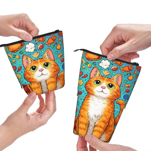 Cat Standing Pencil Case Cute Telescopic Stationary Pouch with Zipper Large Capacity Stand up Pen Bag Portable Makeup Holder for School Office Supplies - color: Cat