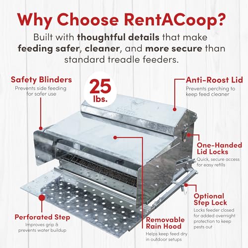RentACoop 25 lb Automatic Treadle Chicken Feeder, Metal Rat Resistant Poultry Feeder, Rainproof No Waste Step-On Feeder for Chickens, Bantams, Ducks, Pheasants, Outdoor Covered Feed Bin - style: 25LB Treadle Feeder