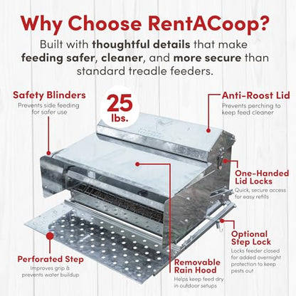 RentACoop 25 lb Automatic Treadle Chicken Feeder, Metal Rat Resistant Poultry Feeder, Rainproof No Waste Step-On Feeder for Chickens, Bantams, Ducks, Pheasants, Outdoor Covered Feed Bin - style: 25LB Treadle Feeder