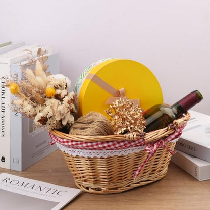 2 Pack 14.2 & 12.6 Inch Natural Wicker Basket with Linen Cotton Cloth Lining, Oval Wicker Woven Basket with Handle, Willow Woven Picnic Baskets for Picnic, Camping, Party - size: 2 Pack 14.2in&12.6in Natural(Round willow)