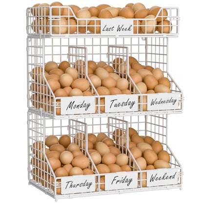 X-cosrack Egg Holder Countertop, 3 Tier Egg Rack with Labels Dividers to Separate Eggs, Stackable Wire Baskets for Fresh Egg, XXL Egg Dispenser for Countertop/Wall-Mounted, White (Patent Pending) - color: White