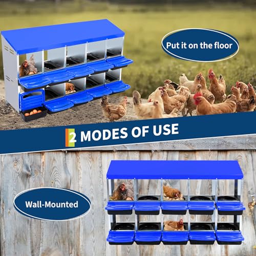 Chicken Nesting Box with Roll Away Design, 2-Layer Hen Nesting Boxes with Legs and Removable Lid, Easy Egg Collection, Cleanable Pull-Out Roosting Box for Chickens - color: Blue, size: 10 holes