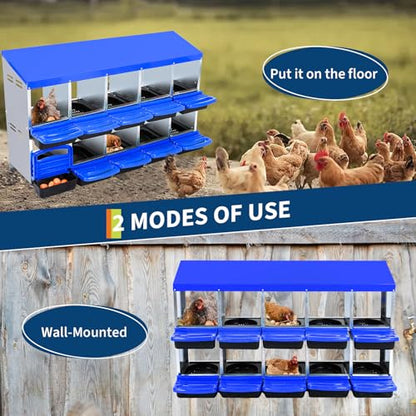 Chicken Nesting Box with Roll Away Design, 2-Layer Hen Nesting Boxes with Legs and Removable Lid, Easy Egg Collection, Cleanable Pull-Out Roosting Box for Chickens - color: Blue, size: 10 holes