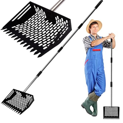 Chicken Poop Scooper & Rake,Metal Coop Scoop for Poop Sand with 35" to 62" Adjustable Stainless Steel Handle,Cleaning Supplies for Chicken Coops & Animals House