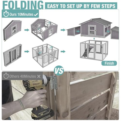 Chicken Coop Outdoor Super Easy to Assemble Large Hen House Wooden Poultry Cage with Nesting Box and Run (Grey) - color: Grey, size: 69.8"L x 42.0"W x 54.6"H