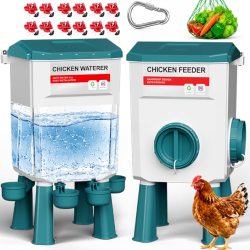 Chicken Feeder and Waterer Set, Automatic No Waste Poultry Feeding System, 17 lb Feeder & 7L Waterer, 4-in-1 Chicken Coop Kit with Vegetable Holder for Chickens, Ducks & Quail - size: 1.9 Gallon Upgraded