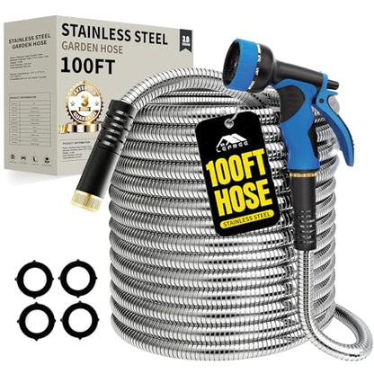 Lefree 100ft Metal Garden Hose - Heavy Duty 304 Stainless Steel Flexible Water Hose, No Kinks & Leak-Proof with Upgraded Handle, 10-Function Spray Nozzle & 4 Spare Gaskets for Yard, RV, Pet Bath - color: Silver, size: 100FT