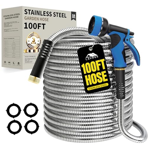 Lefree 100ft Metal Garden Hose - Heavy Duty 304 Stainless Steel Flexible Water Hose, No Kinks & Leak-Proof with Upgraded Handle, 10-Function Spray Nozzle & 4 Spare Gaskets for Yard, RV, Pet Bath - color: Silver, size: 100FT