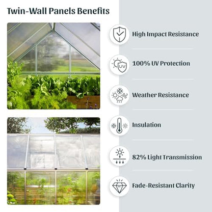 Palram - Canopia 6x10 Greenhouse Kit, Hobby Walk-In Twin-Wall UV Polycarbonate Heavy Duty Aluminum Frame, Lockable Door, Adjustable Roof Vent, Rain Gutters, Galvanized Steel Base, Mythos (Silver) - color: Silver, size: 6 Ft. x 10 Ft.