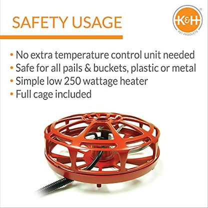 K&H Pet Products Bucket Heater, Ultimate Pail & Bucket Water Submersible Deicer (No Float), Animal Bucket Heater for Goats, Horses, Cattle, Chickens and Livestock Deicer - Red 250W - size: 250 Watts