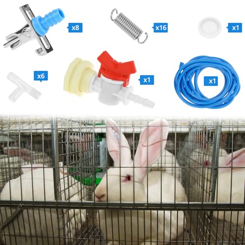 QWORK Automatic Rabbit Watering Kit with 6 Nipple Drinker Feeders, 16-Foot Hose, and Barb Fittings Connector, 1/2" G Thread