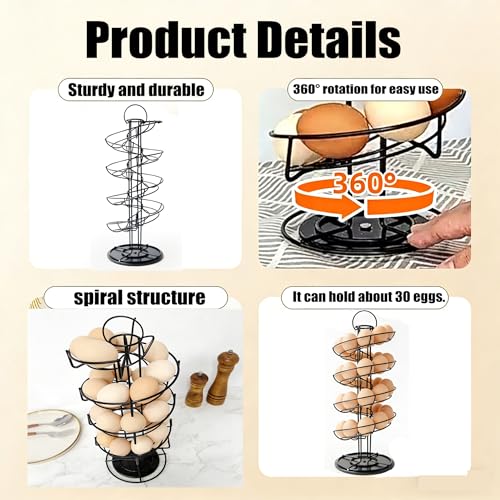 Egg Holder Countertop, Black Metal Spiral Egg Skelter Dispenser Rack with 360° Rotating Design, Farmhouse Egg Storage Display, Wide Stable Base Kitchen Organizer for Fresh Eggs