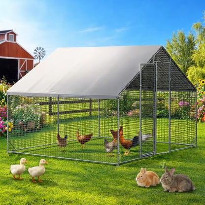 Large Walk-in Chicken Coop with Chicken Run, Galvanized Poultry Enclosure with Waterproof Anti-UV Cover and Security Lock, Ideal for Rabbit, Duck, Backyard and Farm Yard，9.8'x 6.6'x 6.6' - size: 117.6"L x 78.7"W x 78.7"H