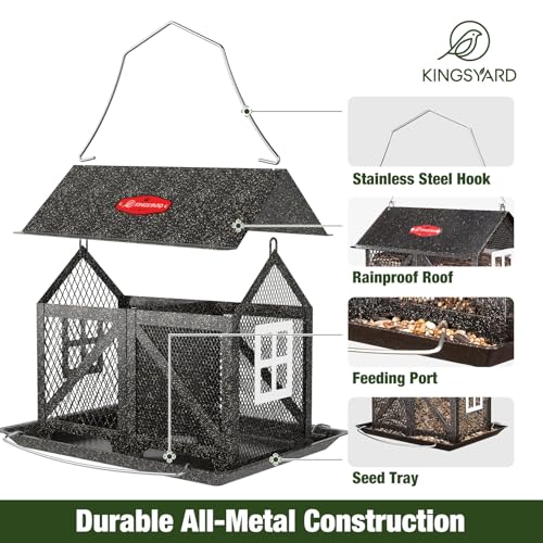Kingsyard Metal Bird Feeder for Outdoors Hanging, 2-in-1 Wild Bird Feeder with Seed Tray & Built-in Perch, 5 lb Large Capacity for Cardinal Chickadee Finch, Black - color: Black