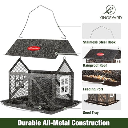 Kingsyard Metal Bird Feeder for Outdoors Hanging, 2-in-1 Wild Bird Feeder with Seed Tray & Built-in Perch, 5 lb Large Capacity for Cardinal Chickadee Finch, Black - color: Black
