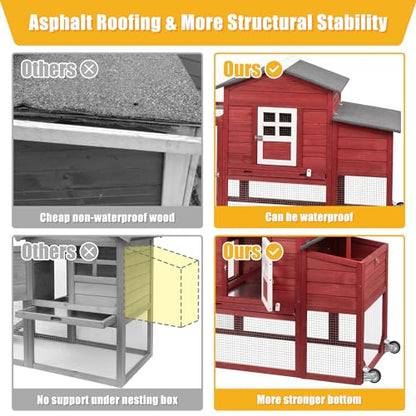 Ketive Chicken Coop with Run and Wheels, Outdoor Wooden Hen House with Nesting Box, Asphalt Roof, Removable Tray, Mobile Poultry Cage Rabbit Hutch Red - color: Red, size: 74.8"L x 22.1"W x 39.4"H