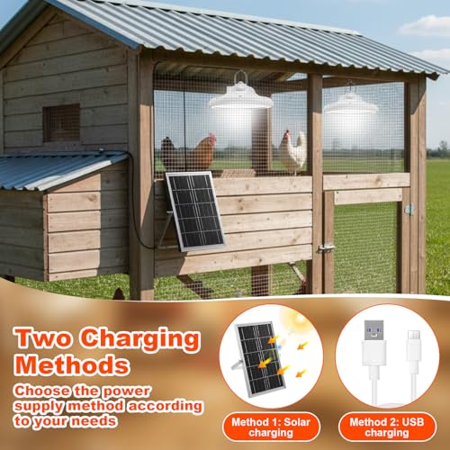2 Set 2 in 1 Solar Chicken Coop Shed Pendant Light with Time Rechargeable Solar Hanging Pendant Heating lamp Waterproof Light for Barn Greenhouse Gazebo Patio Poultry Pet House(White)