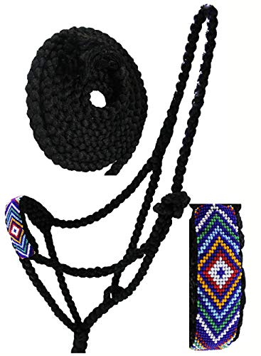 Nylon Horse Western Rope Braided Halter Lead w/Beaded Noseband 606RT10 - color: Black/Blue