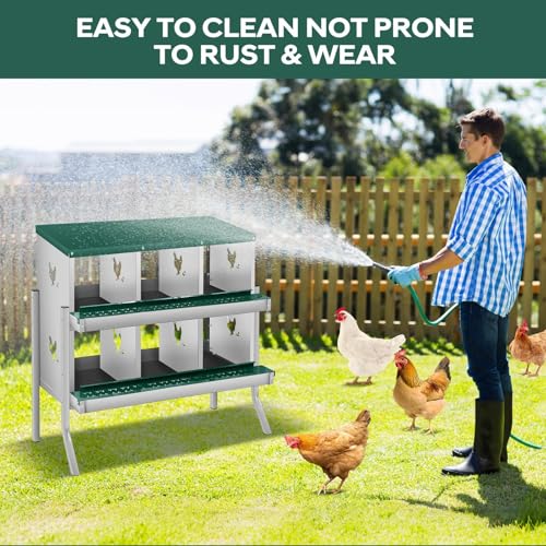 3-Compartment Chicken Nesting Box, Heavy Duty Galvanized Steel Poultry Nest Box, Wall Mount/Freestanding Design for Hens, Ducks, Backyard Homesteads & Farm Use, Dark Green, 10 Mats &4 Eggs, With Stand - color: Dark Green, size: 3 Room&Mat eggs